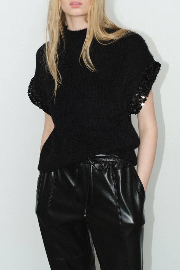 Mock-Neck Sequin-Sleeve Top