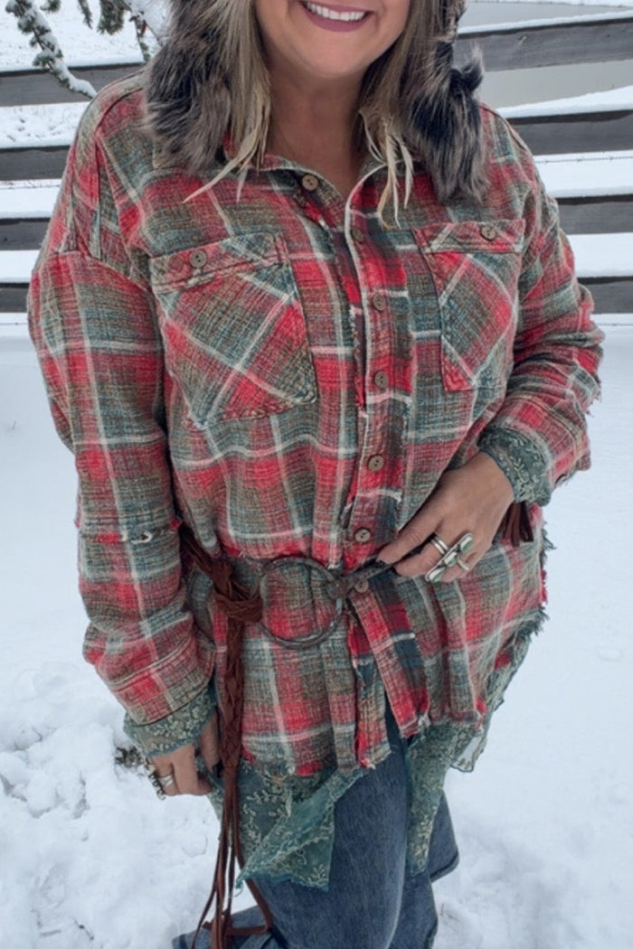 Pocketed Plaid Embroidered Mesh Shacket
