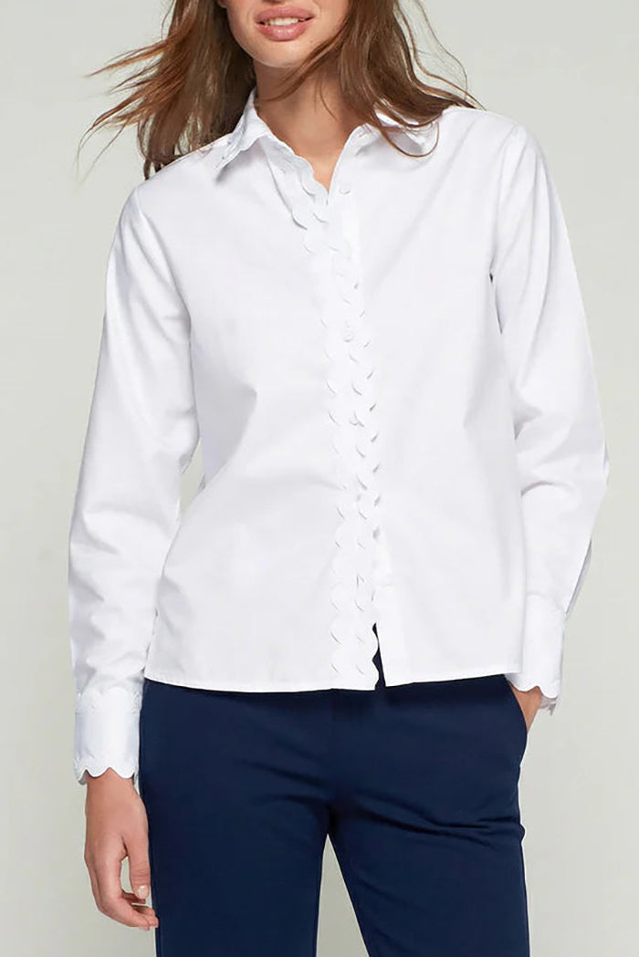 White Ruffle Trim Button Front Top