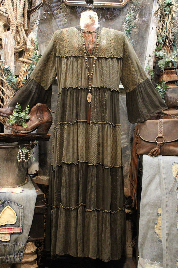 3/4 Sleeve Tiered Patchwork Maxi Dress