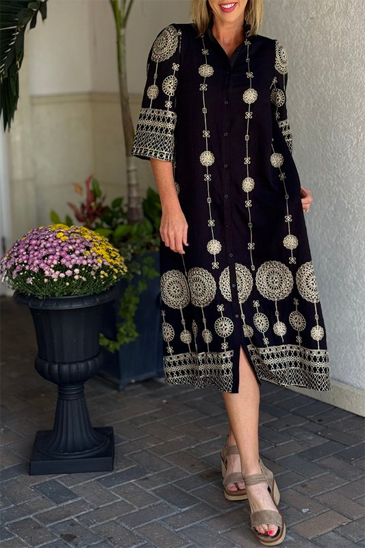 Moonlit Lace Embroidered Pocket Midi Dress