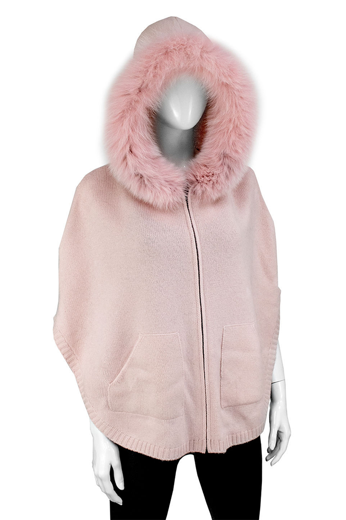 Zip Up Faux Fox Fur Trim Pocketed Poncho