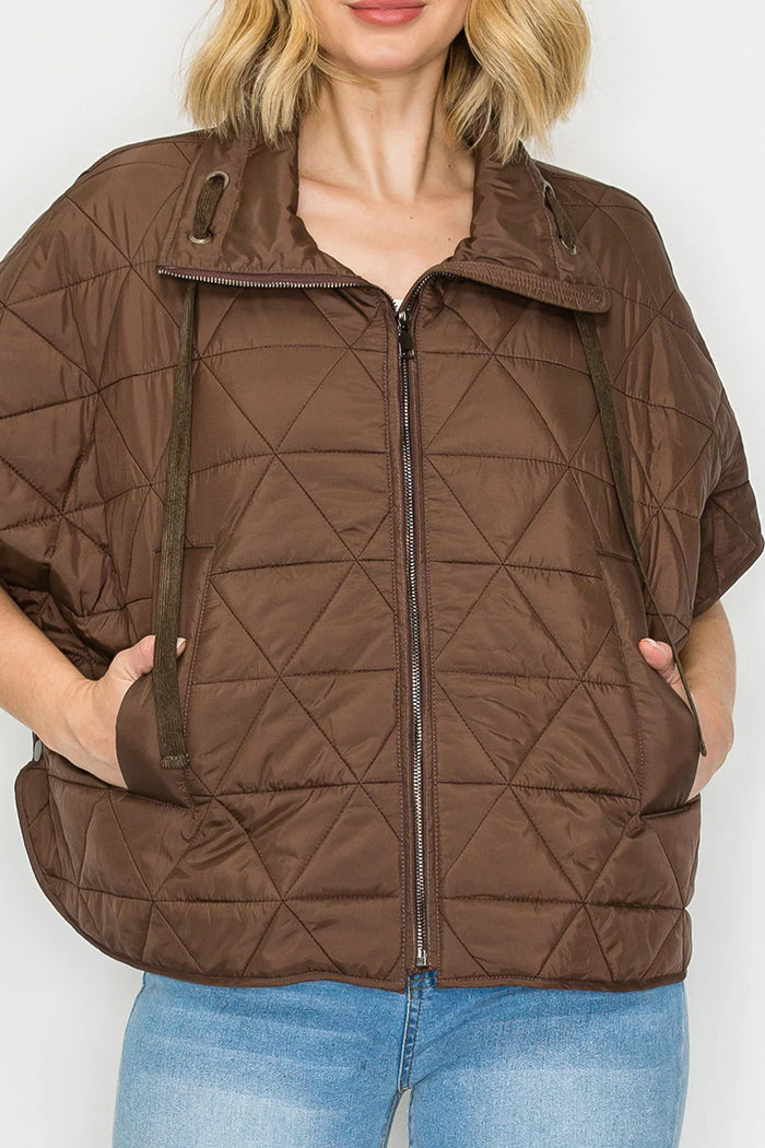 Brown Zip Pocketed Short-Sleeve Puffer Jacket