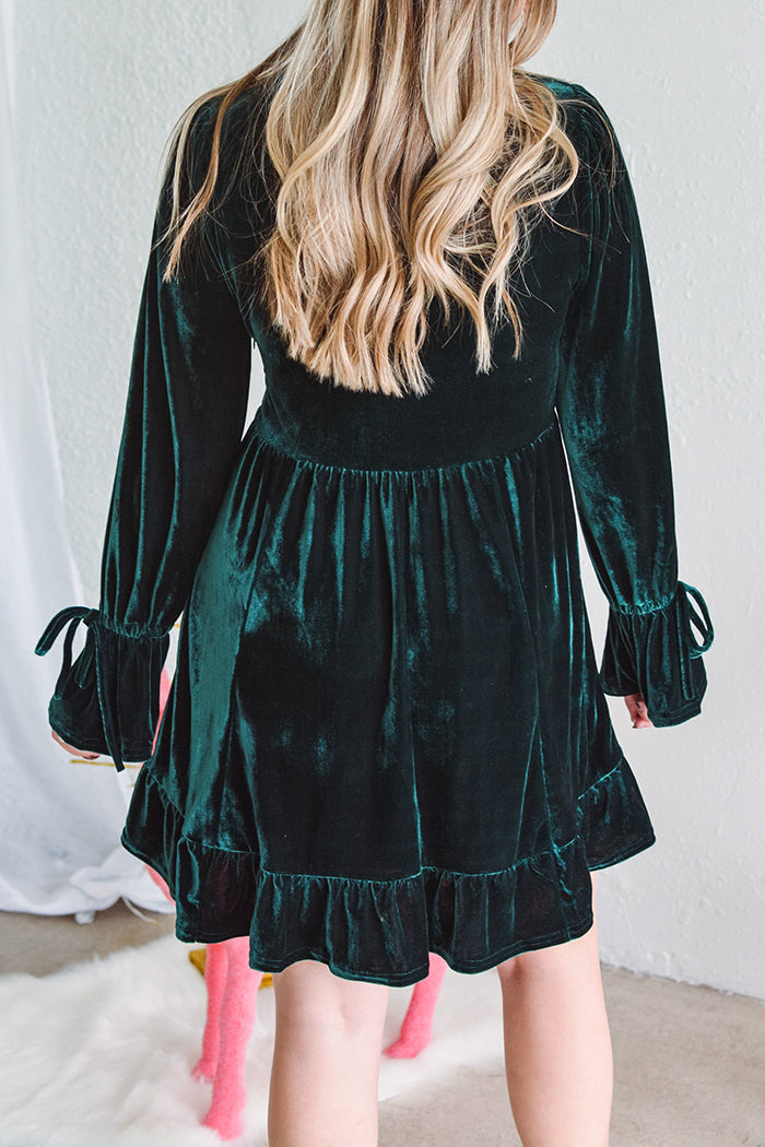 Velvet V-Neck Ruffle Hem Dress