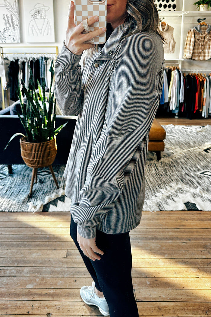 Relaxed-Fit Button-Accent Striped Henley Blouse