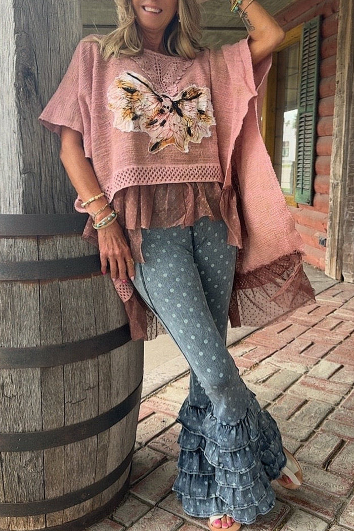 Lace Trim Tiered Hem Butterfly Applique Poncho