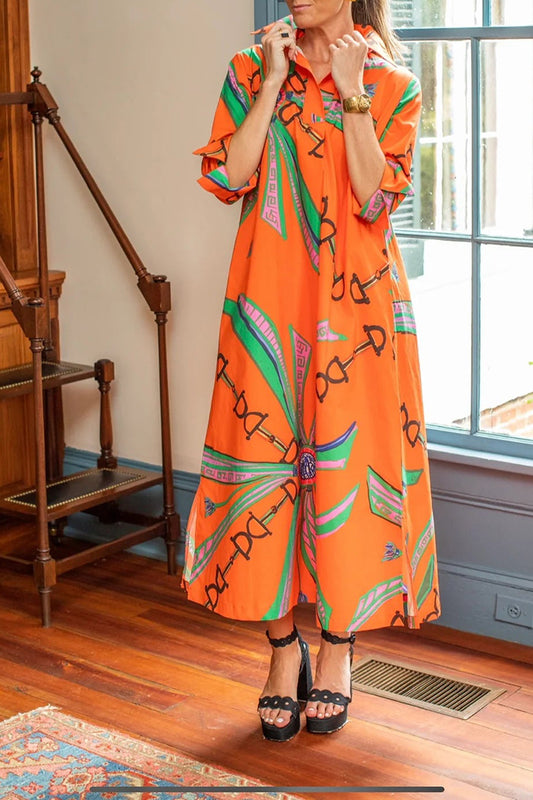 Vibrant Orange Graphic Print Shirt Maxi Dress