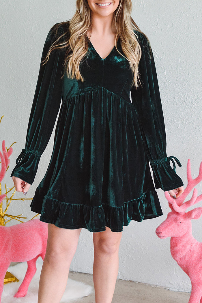 Velvet V-Neck Ruffle Hem Dress