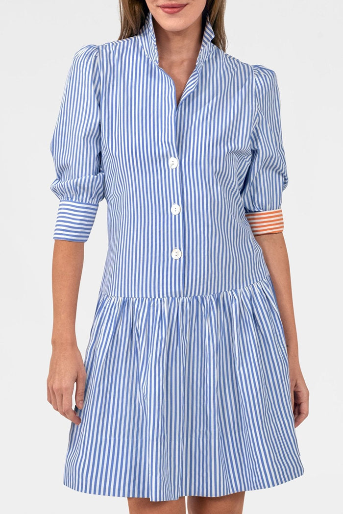 Stripe 3/4 Sleeve Pocket Ruffle Hem Dress