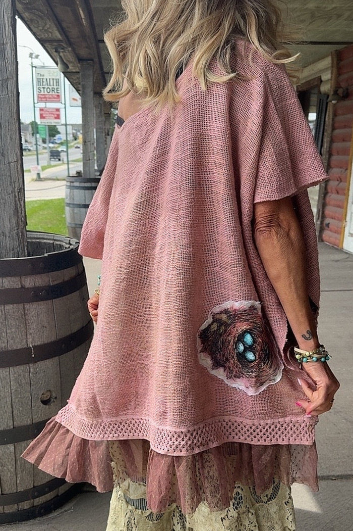 Lace Trim Tiered Hem Butterfly Applique Poncho