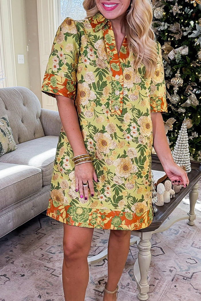 V Neck Floral Jacquard Short Sleeve Dress