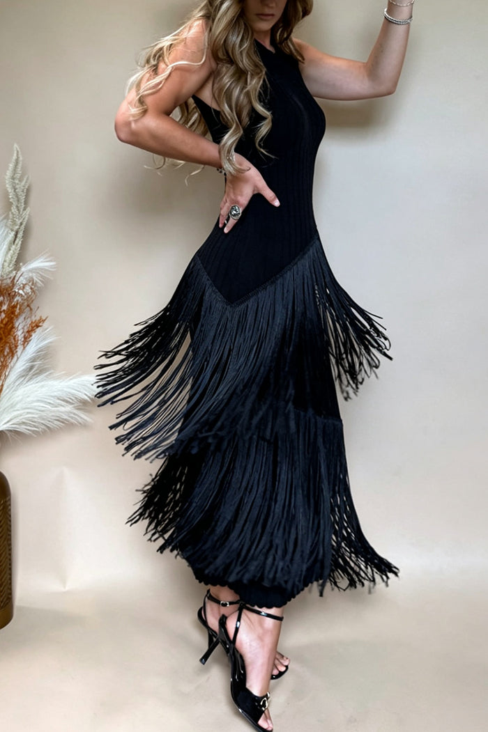 Crew Neck Sleeveless Asymmetrical Loop Fringe Midi Dress