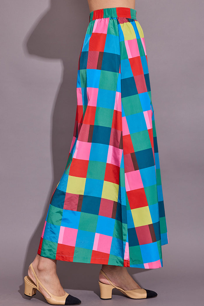 Vibrant Color-Block Plaid Maxi Skirt