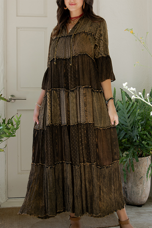 3/4 Sleeve Tiered Patchwork Maxi Dress