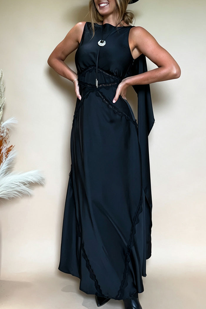 Black Cape Strap Lace Cutout Maxi Dress