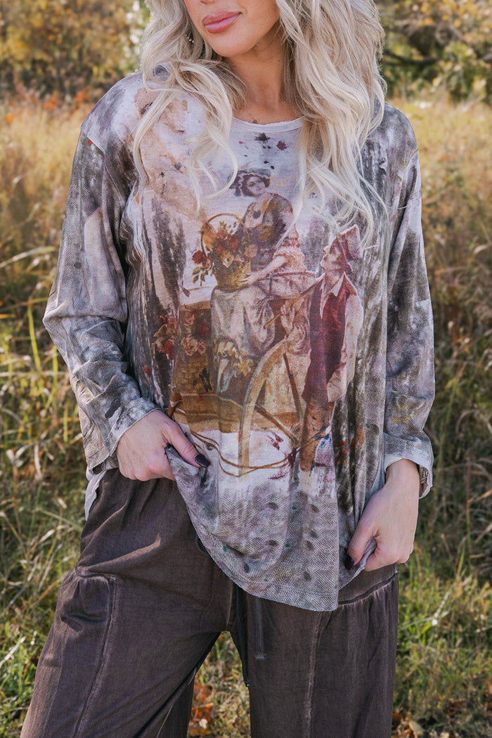 Vintage Art-Print Oversized Long-Sleeve Top