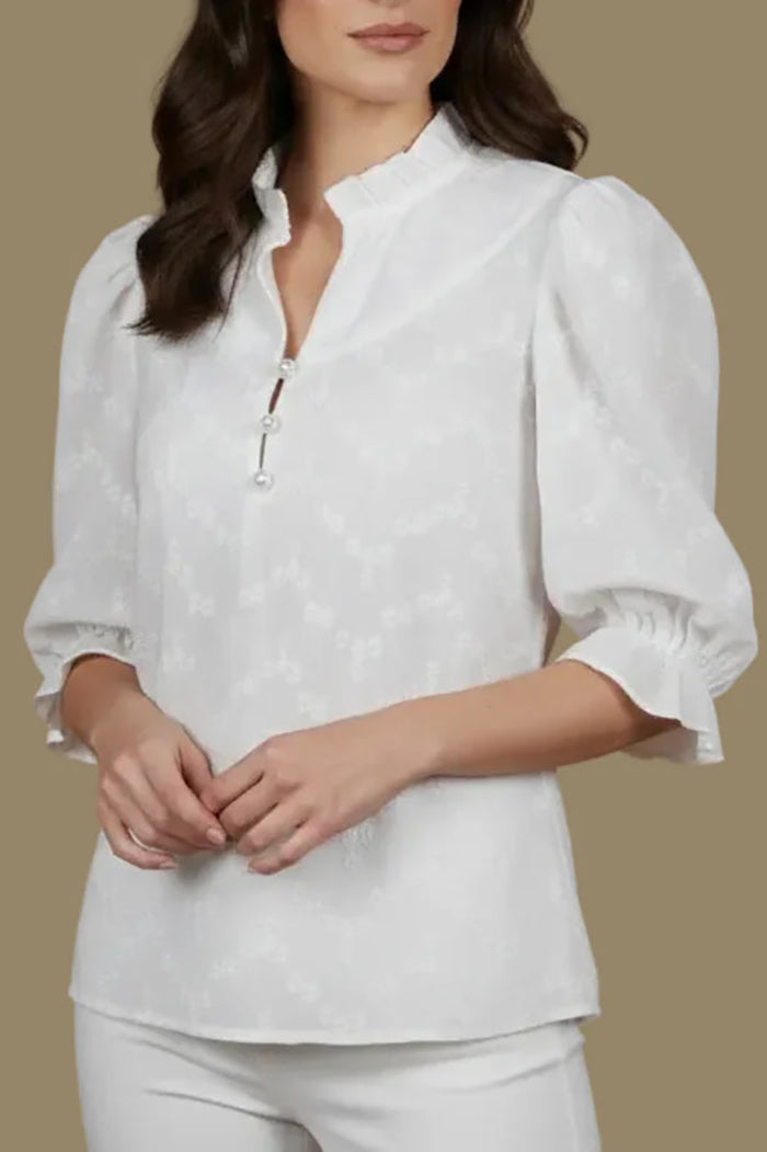 Ruffled Split Neck Puffed Sleeve Top