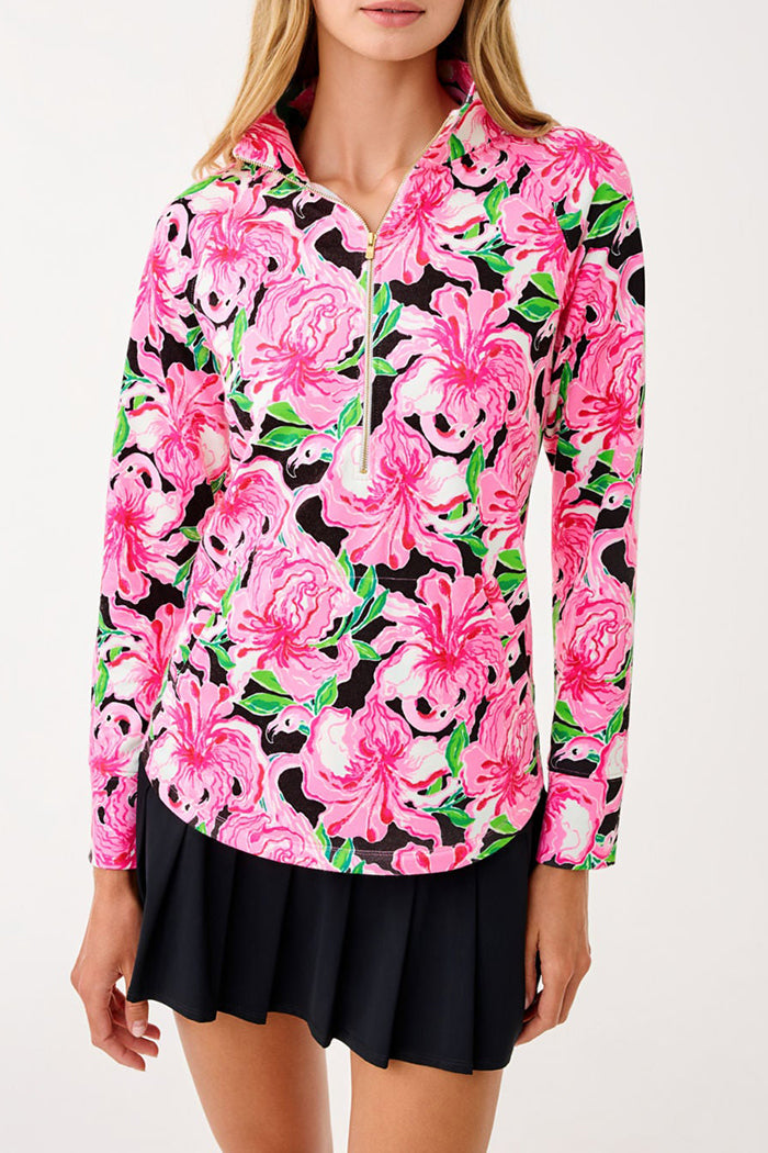 Floral Print Half Zip Long Sleeve Top