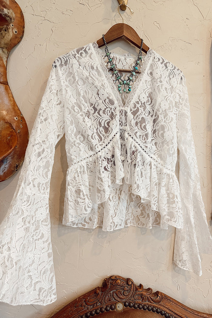 Ruffle Bell Sleeve Button Front Lace Top