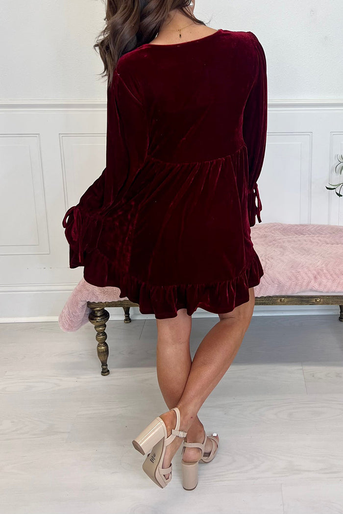Velvet V-Neck Ruffle Hem Dress