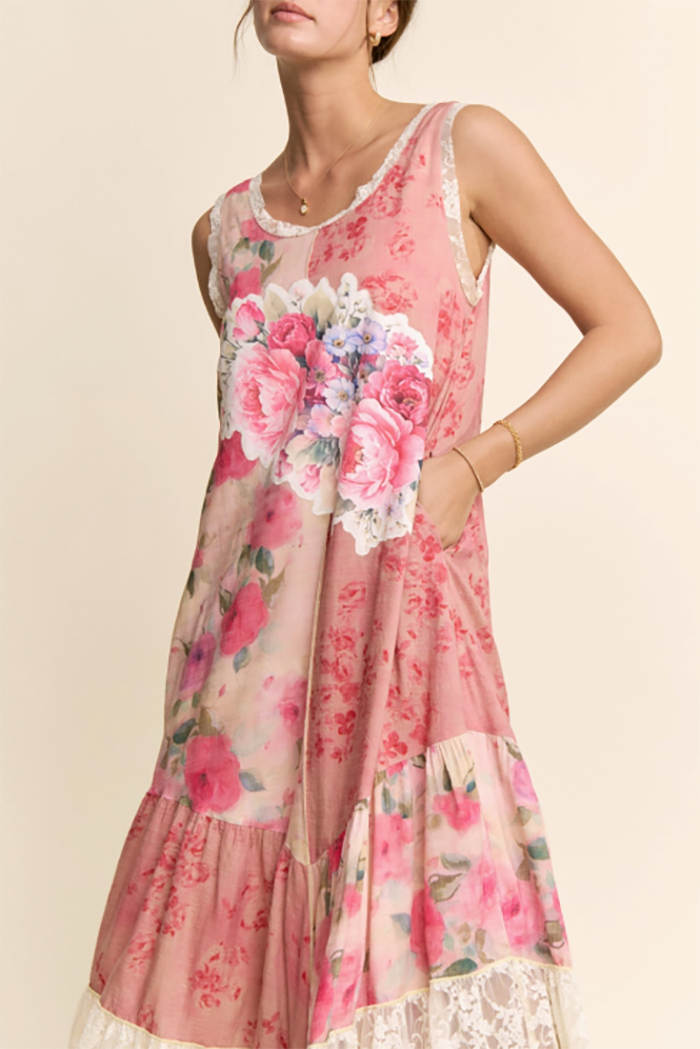 Sleeveless Floral Lace Trim Tiered Dress