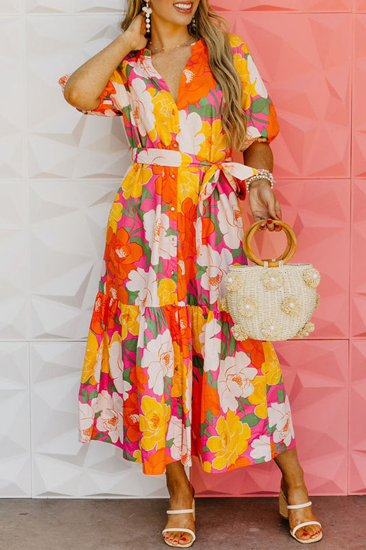 Floral Tiered Pleated Pocket Dress