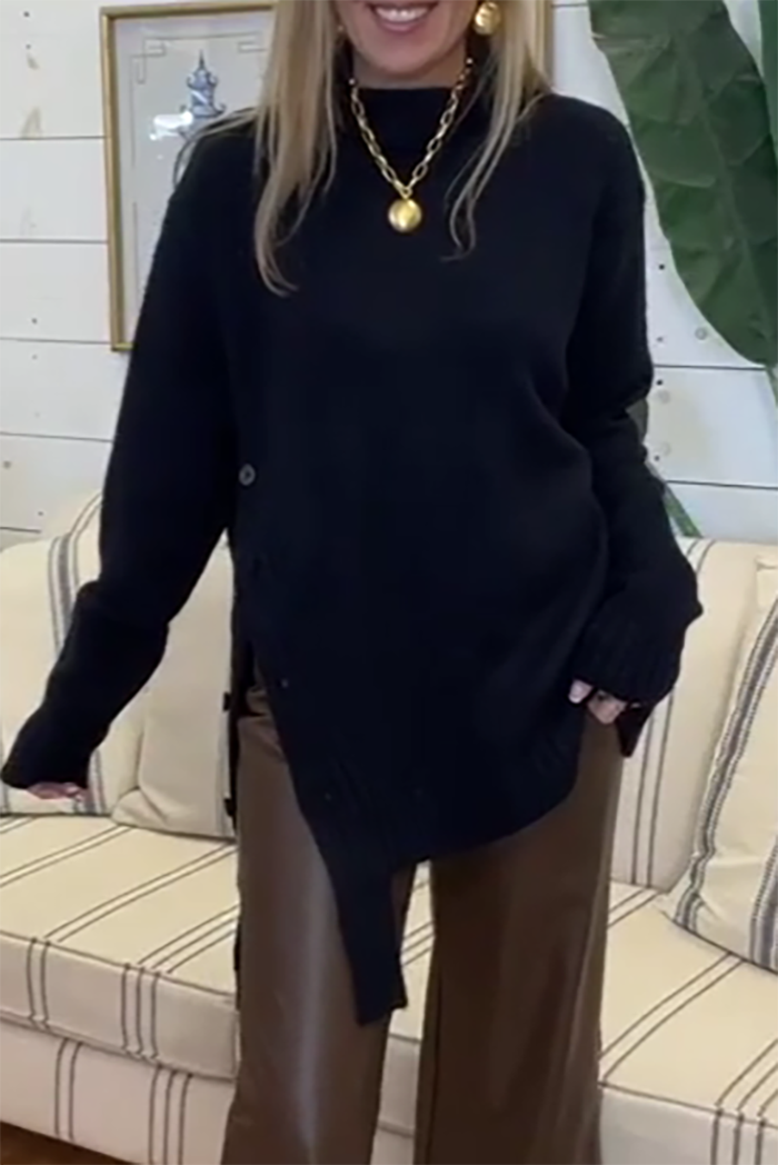 Turtleneck Side Button Asymmetrical Sweater