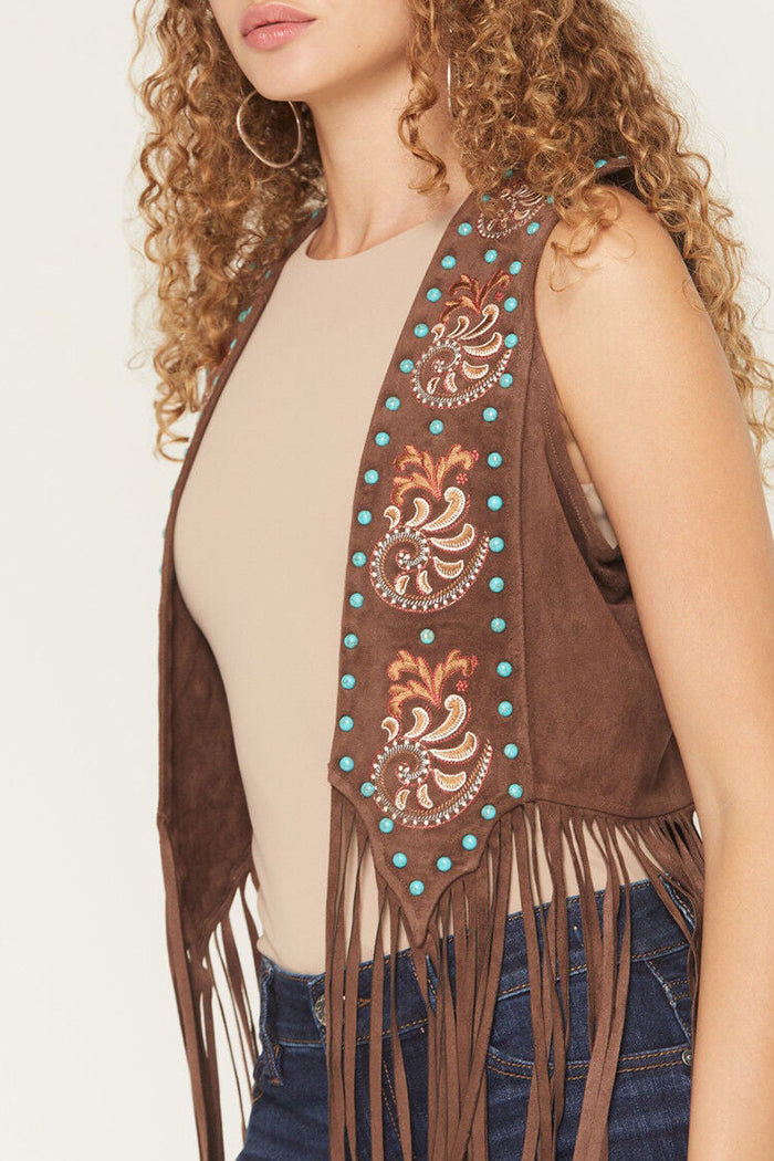 Western Bead Embellished Fringe Faux Suede Vest