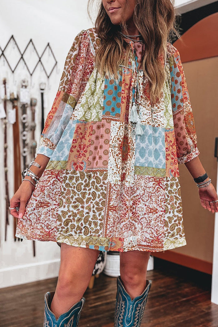 Oversized Patchwork Tie Neck Dress