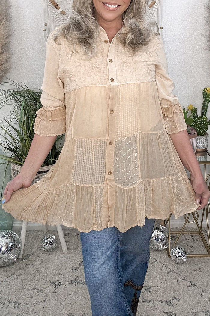 Boho Caravan Ruffle Button Down Patchwork Tunic