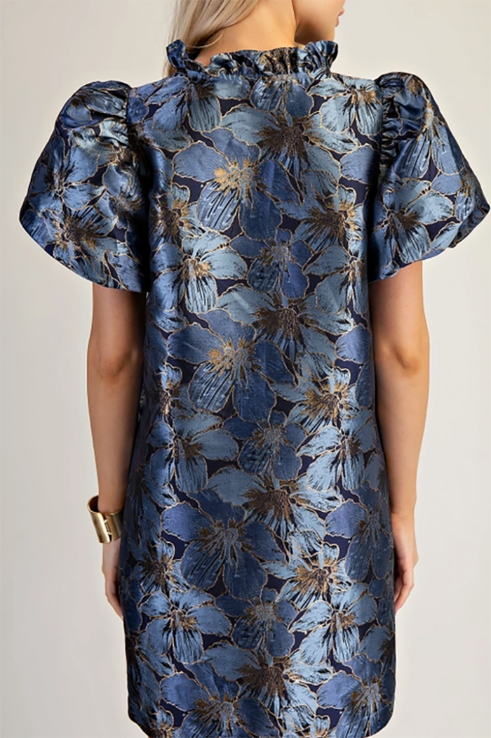 Ruffled Neck Puff Sleeve Pocket Jacquard Dress