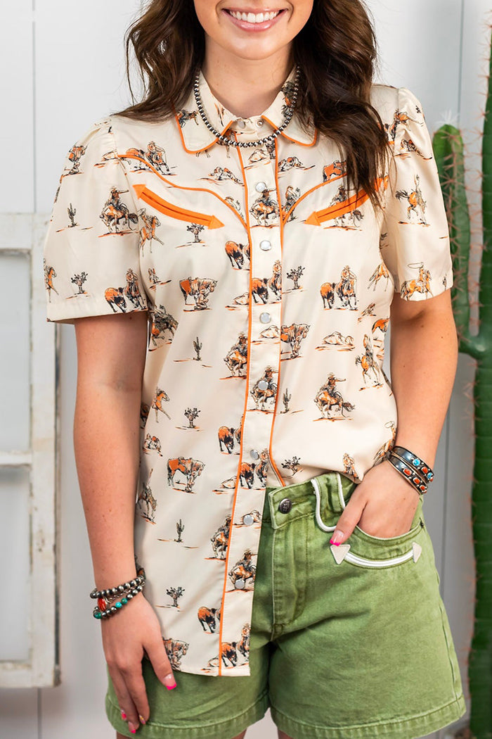 Collared Short Sleeve Western Printed Top