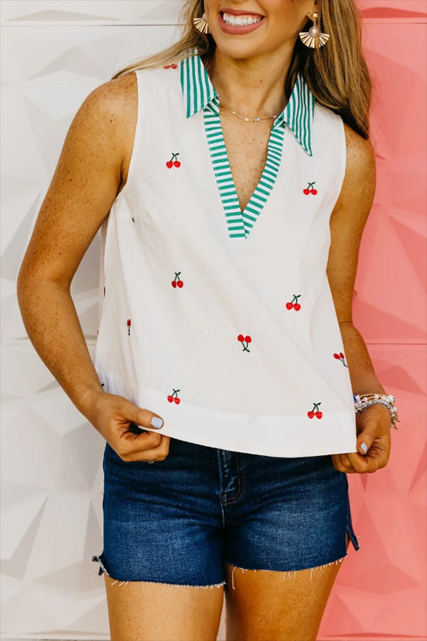 Casual Embroidered Cherry Top