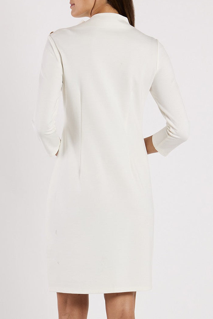 Cream High-Neck Button Accent Dress