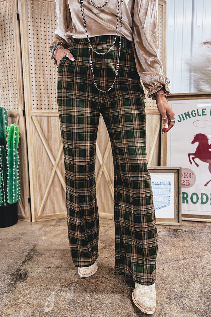 High Waist Pocket Plaid Flare Leg Pants