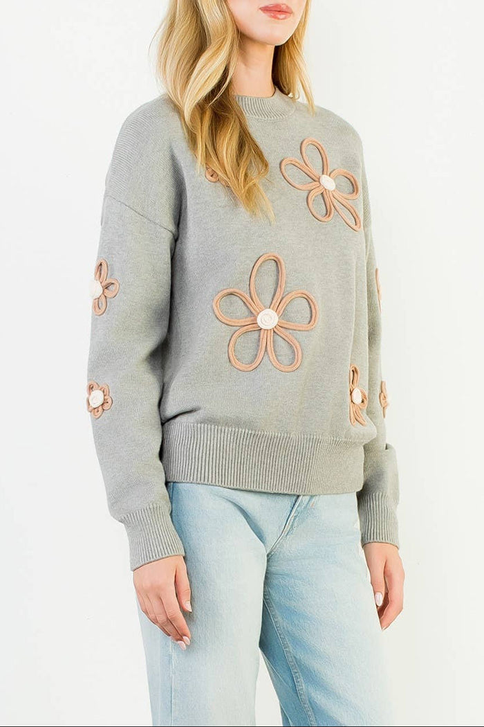Long Sleeve Grey Flower Sweater