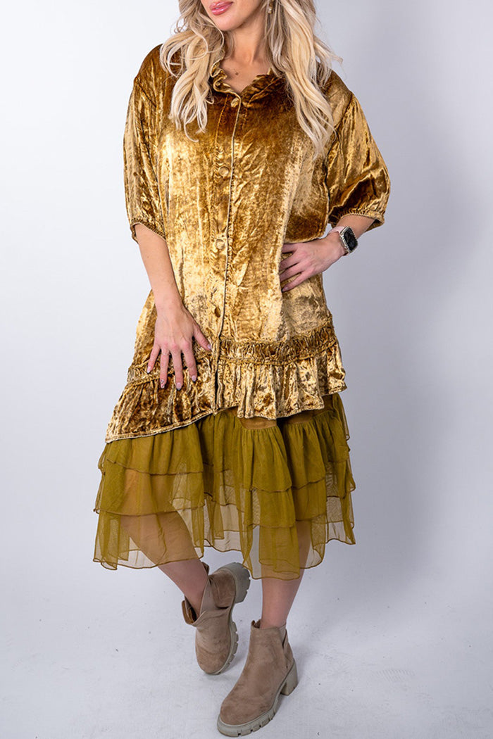 3/4 Sleeve Velvet Ruffle Hem Button Tunic