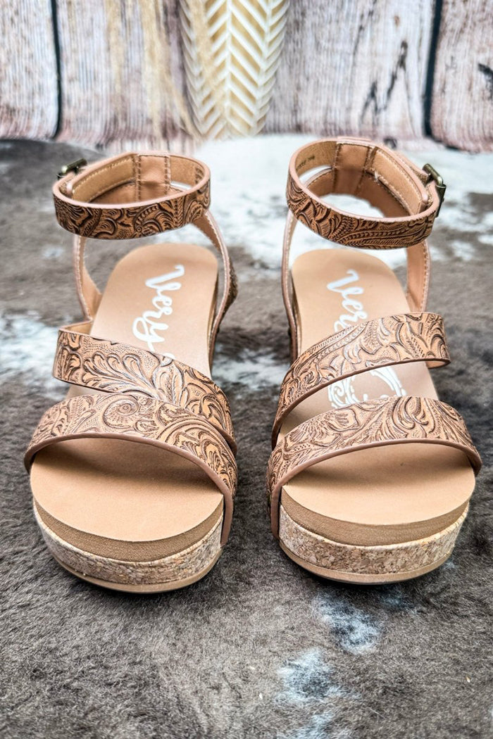 Western Tooled Floral Ankle Buckle Wedge Sandals