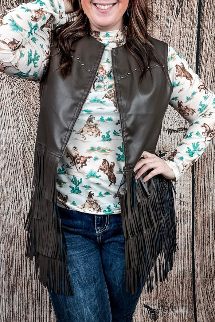 Western Rivet Decor Fringe Tier Brown Sleeveless Vest