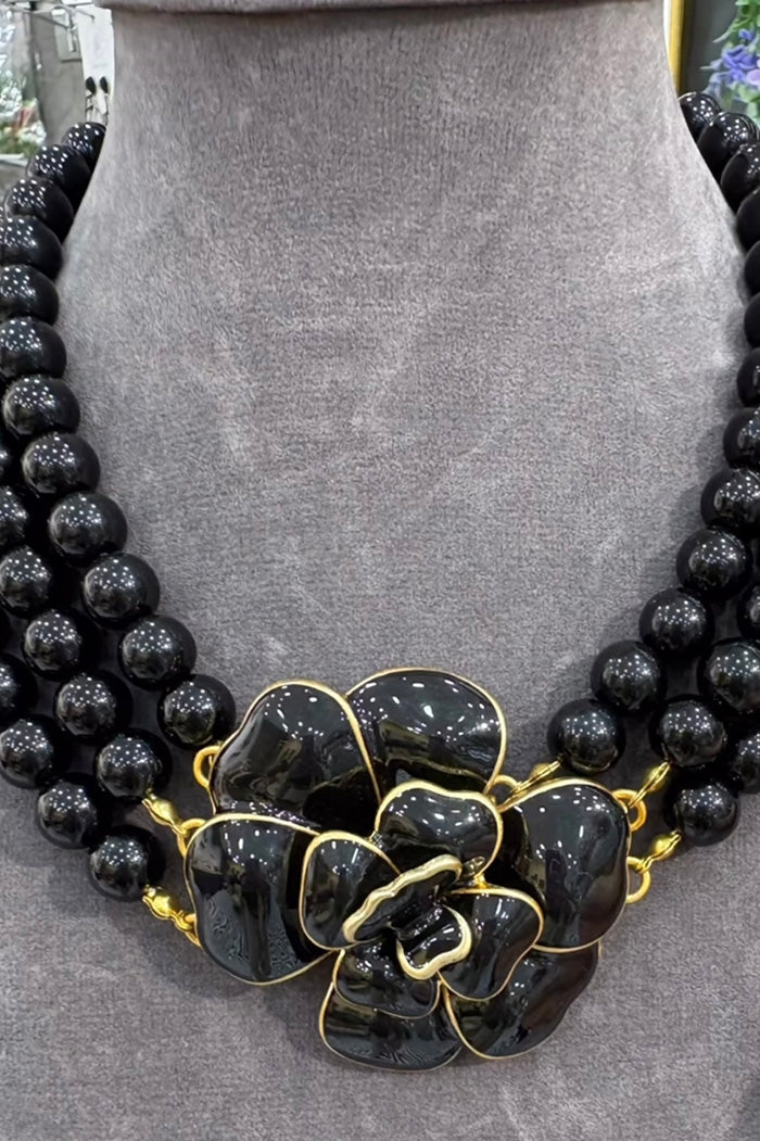 Black Beaded Flower Choker Necklace