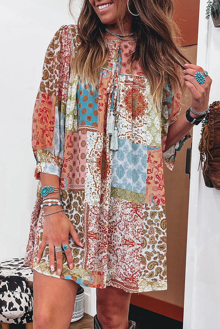 Oversized Patchwork Tie Neck Dress