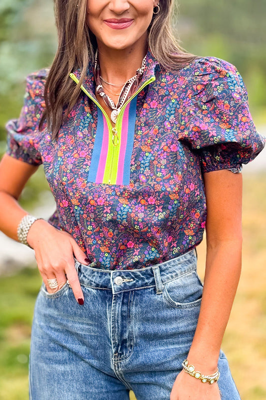 Puff Sleeve Zip Floral Top