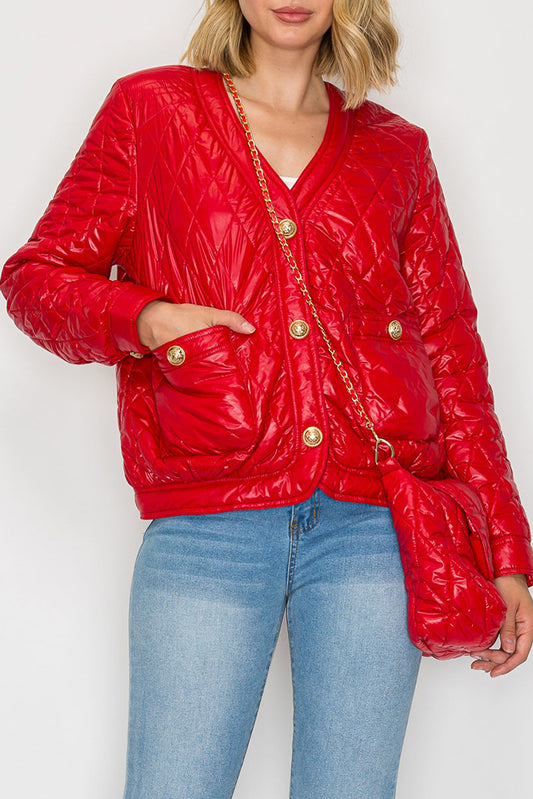 Quilted Buttoned Pocket Puffer Jacket