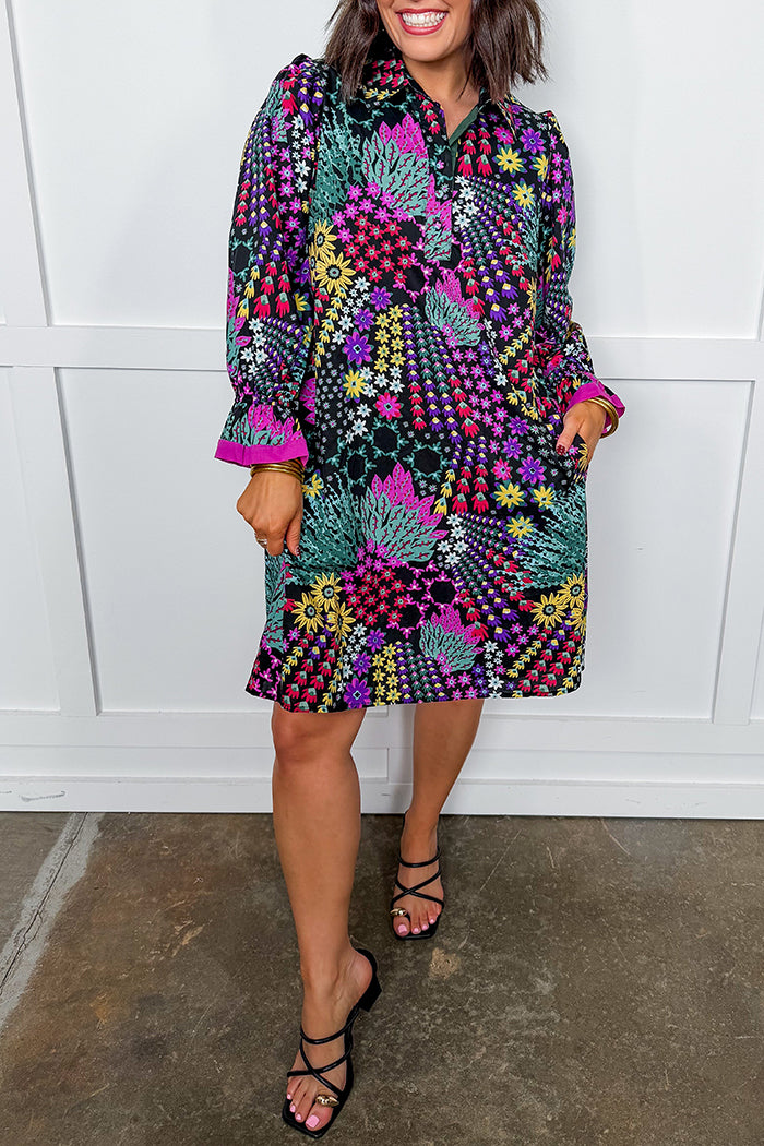 Vibrant Floral Ruffle Cuff Dress