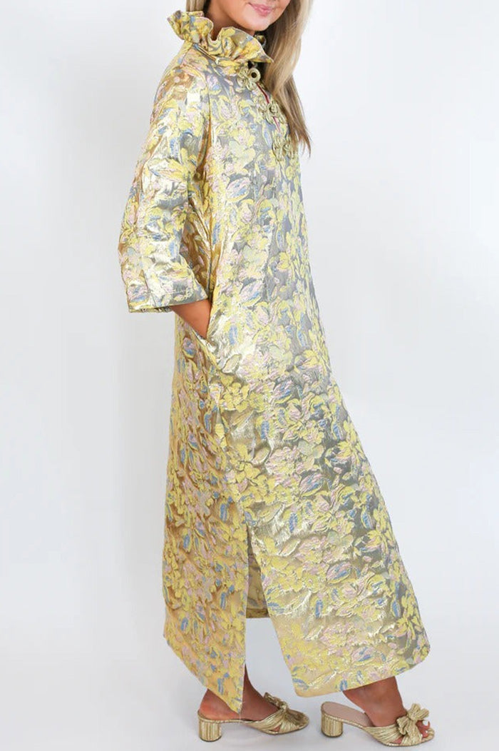 Printed Pocketed Ruffle Collar Frog Closure Maxi Dress