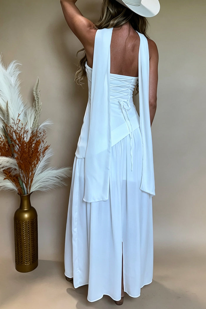 Strapless Neck Scarf Lace Up Back Slit Chiffon Maxi Dress