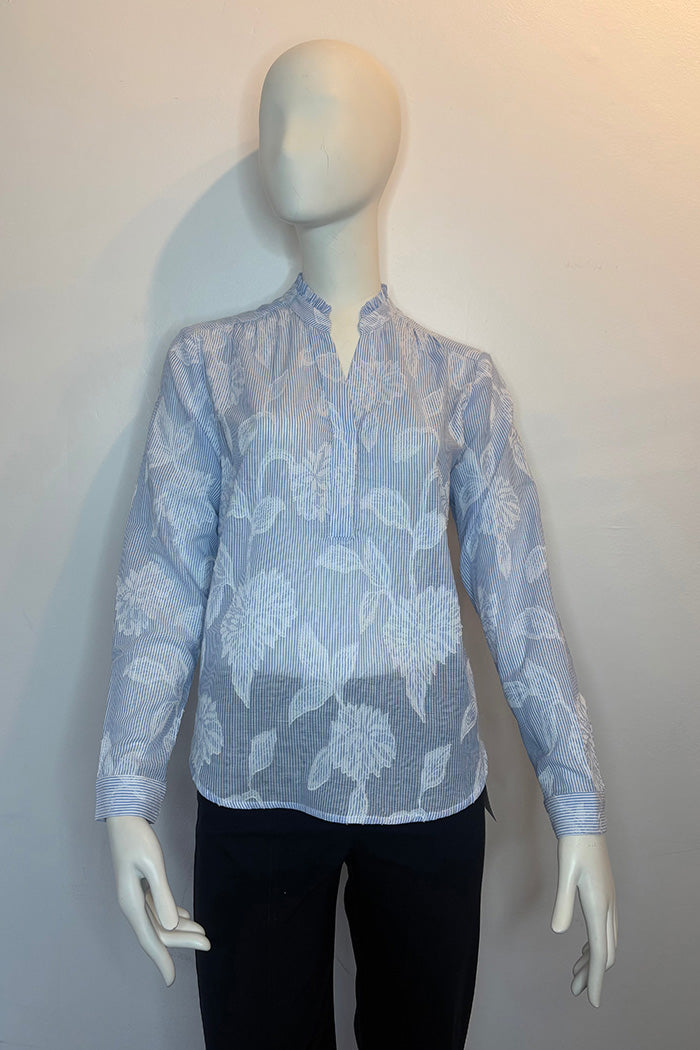 Flowly Ruffle Collar Stripe Leaf Print Top