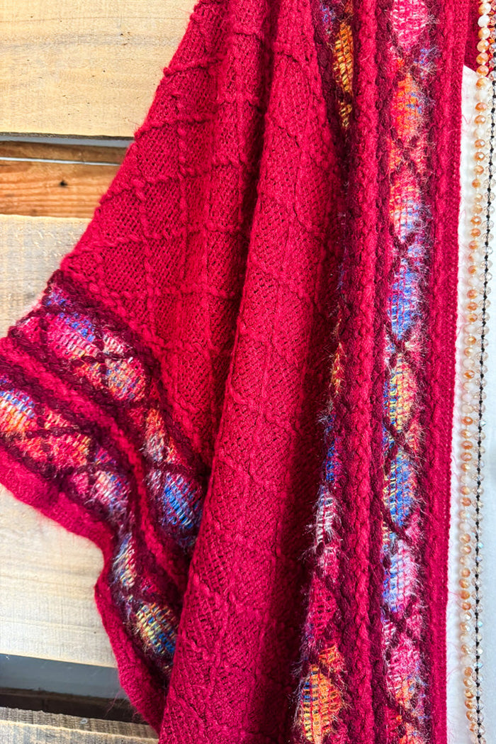Oversized Red Ethnic Embroidered Kimono Ruana