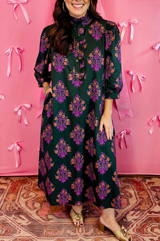 Botanical Print 3/4 Sleeve Pocket Midi Dress