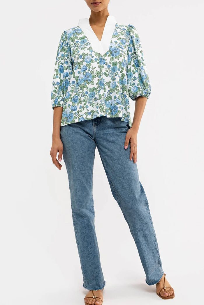 Floral Puff Sleeve Split Collar Top